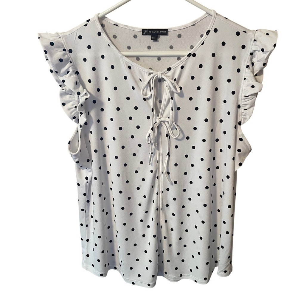 Adrianna Papell Women Polka Dot Ruffle Sleeve Tie Front Blouse White Black Large